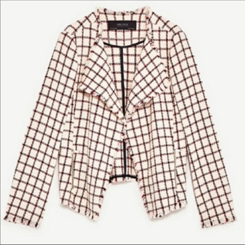 Zara Drape Front Plaid Tweed windowpane Blazer